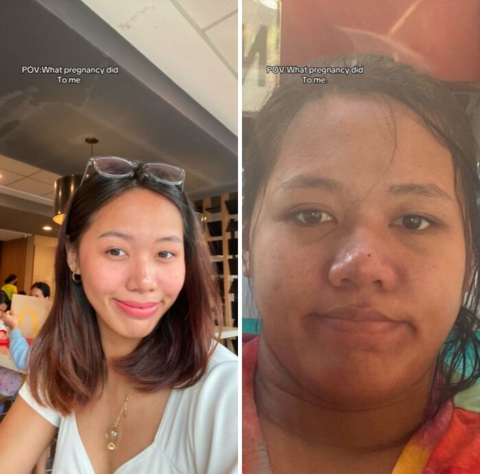 Side-by-side photos showing women’s physical appearance changes during pregnancy with natural lighting indoors.