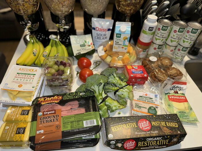 Various groceries including fruits, vegetables, dairy, and meat displayed to show grocery costs where people live.