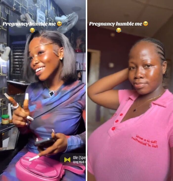 Two women showing changes in physical appearance during pregnancy with captions about pregnancy humility.