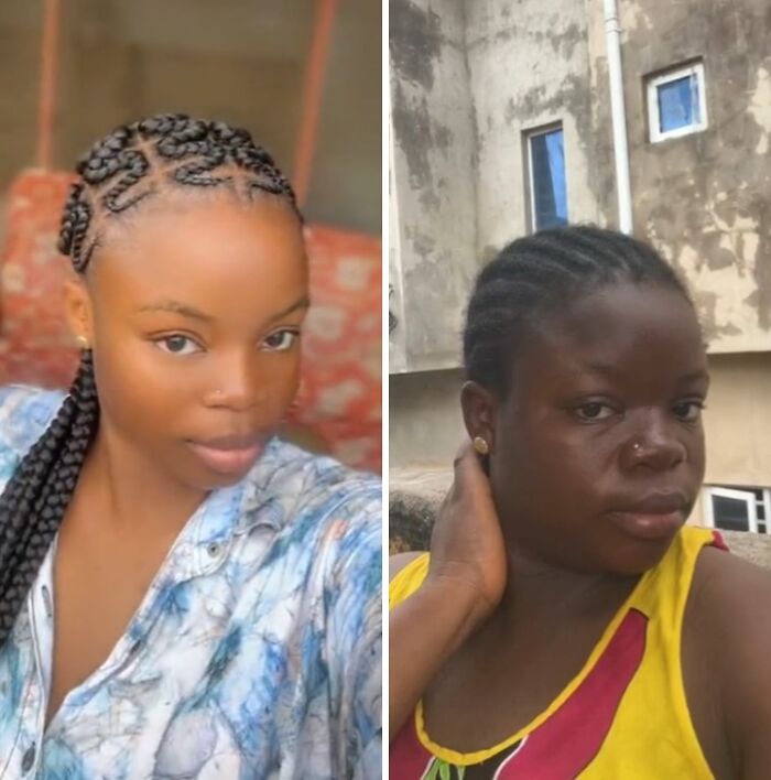 Side-by-side photos of a woman showing physical appearance changes during pregnancy with braided hairstyles and different settings.