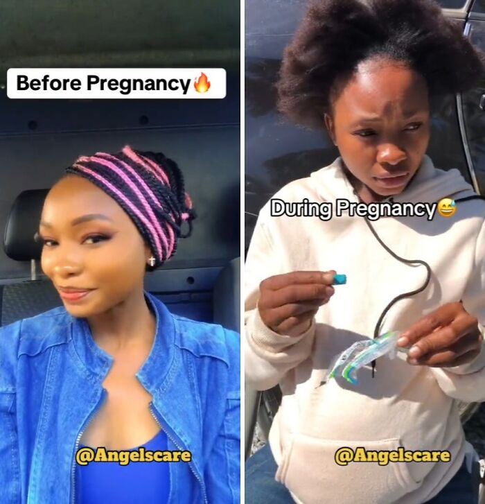 Side-by-side photos showing a woman’s physical appearance changing before and during pregnancy.