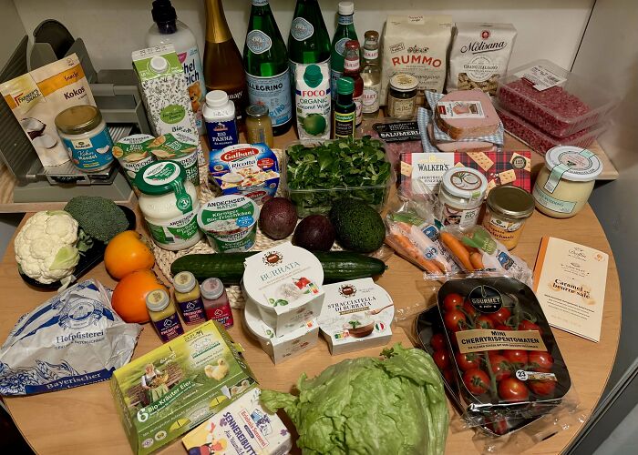 A wide variety of groceries including fresh produce and packaged goods showing how much groceries cost where they live.