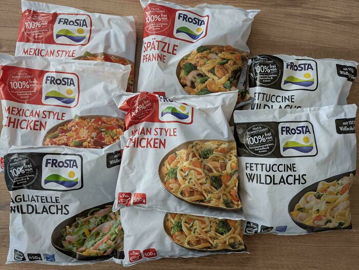 Several frozen grocery meals from Frosta showing typical grocery costs where people live.