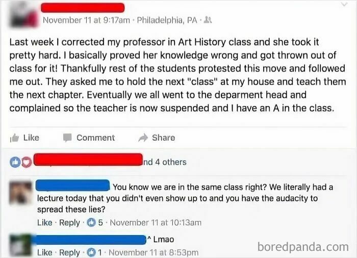 Screenshot of a social media post showing a hilariously obvious lie about an art history class dispute.