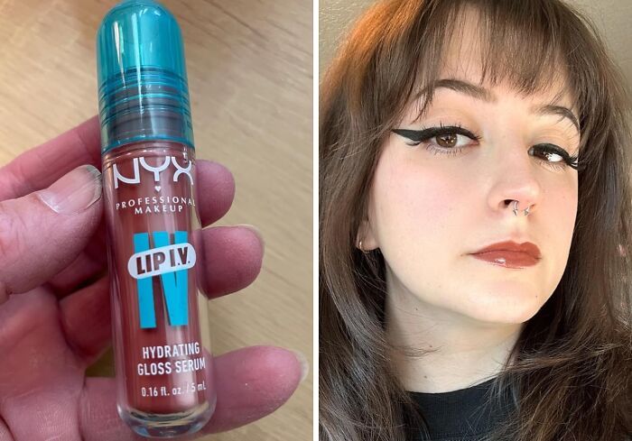 Hand holding NYX Lip I.V. hydrating gloss serum and a woman wearing the lip gloss product on Amazon internet gold list.