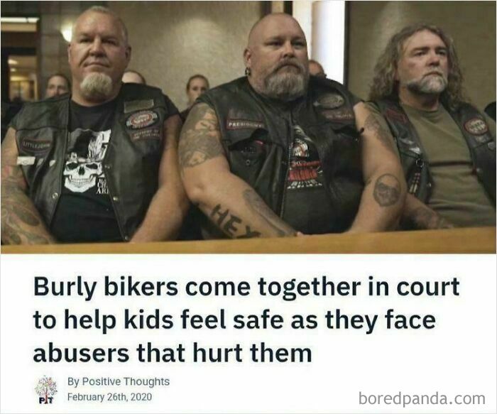 Burly bikers wearing leather vests support kids in court to help them feel safe from abusers in a wholesome moment.