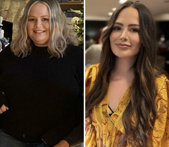 Side-by-side weight loss before and after pics of a woman showing inspiring transformation and healthy lifestyle changes.