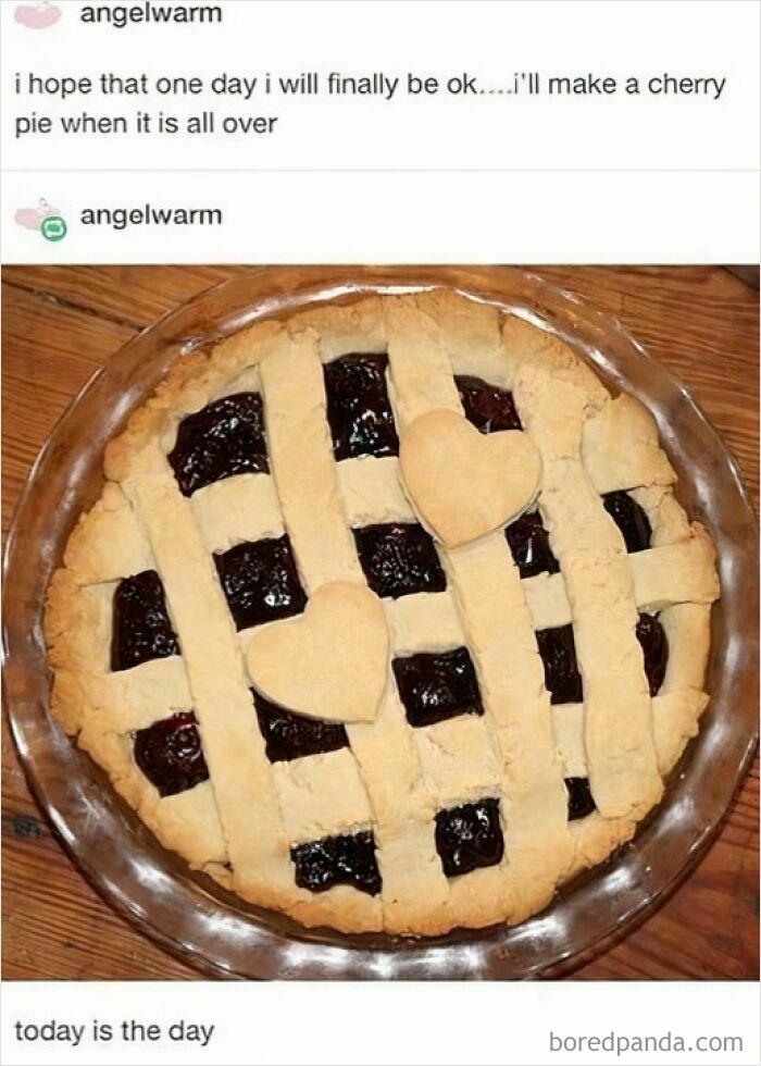 Text conversation about making a cherry pie paired with a homemade lattice pie, a wholesome meme moment.