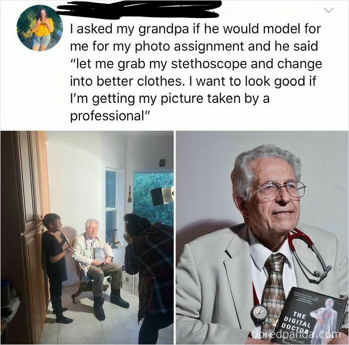 Elderly man posing with stethoscope and book for a photo assignment, showing a wholesome and heartwarming moment.