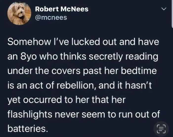 Tweet about an 8-year-old secretly reading under covers with a flashlight in a wholesome meme with an unexpected turn.