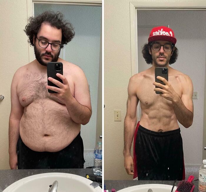 Side-by-side weight loss before and after pics of a man showing inspiring body transformation in a bathroom mirror selfie