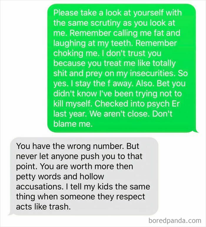Text message exchange showing a heartfelt reply offering support and kindness in an unexpected wholesome memes moment.