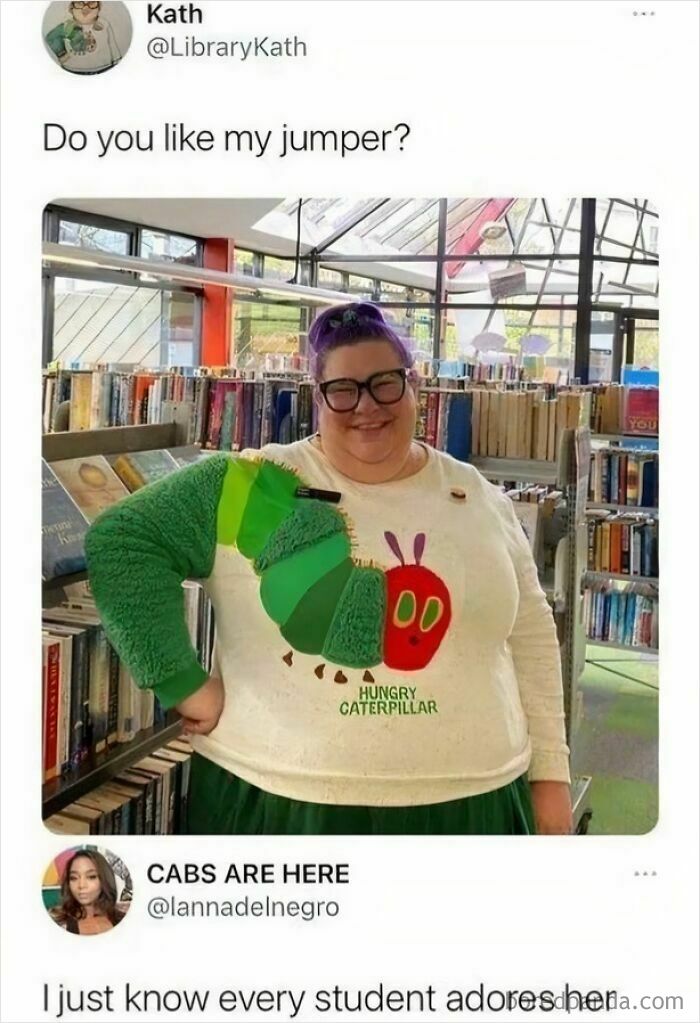 Person wearing a creative hungry caterpillar jumper in a library, showcasing one of the wholesome memes that took an unexpected turn.