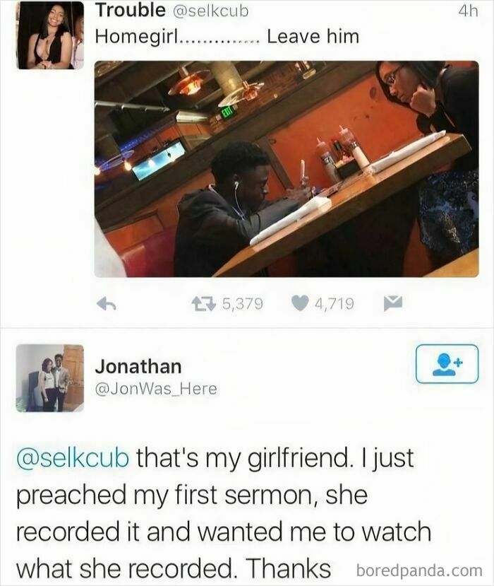 Twitter exchange showing a wholesome meme where a man explains his girlfriend recorded his first sermon, meme with wholesome turn.
