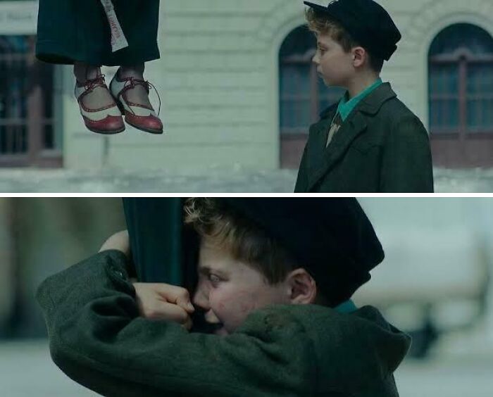 Boy in vintage clothes and cap looking at floating feet, then hugging a cloak, showcasing questionable movie details for cinephiles.