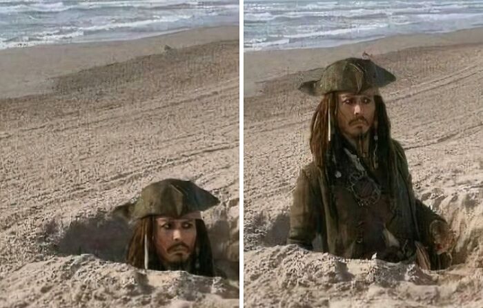 Pirate character emerging from a hole on the beach, highlighting questionable movie details mocked by cinephiles online.