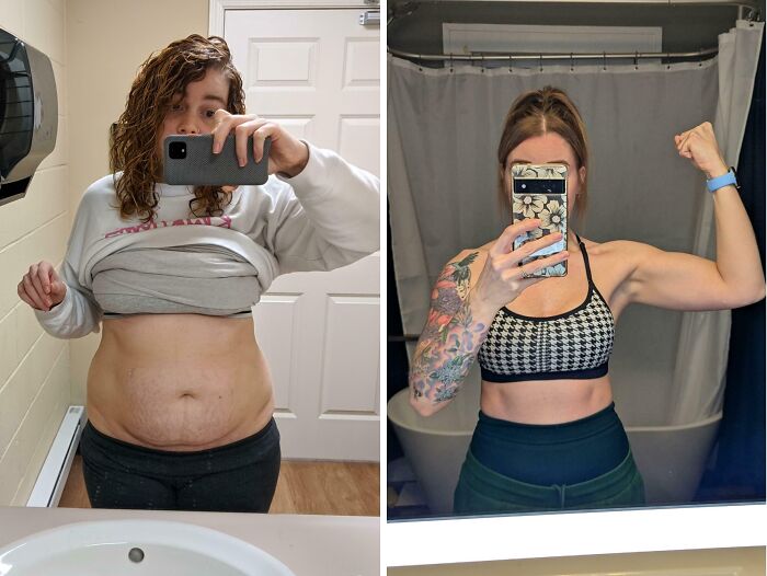 Before and after weight loss transformation showing inspiring fitness progress and improved muscle tone in two side-by-side mirror selfies.