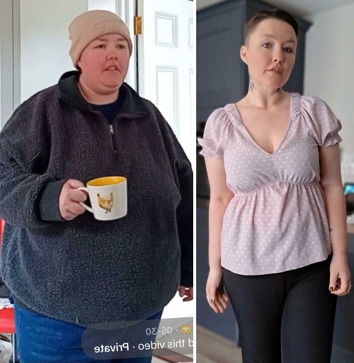 Before and after weight loss transformation of a woman wearing a hat and holding a mug, then in a pink blouse and black pants.