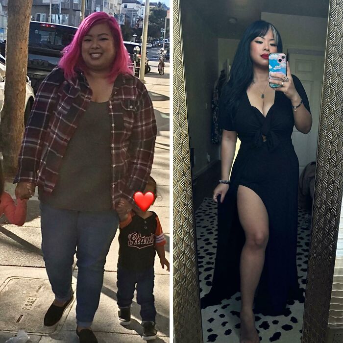 Before and after weight loss transformation of a woman showing inspiring weight loss results in casual and formal outfits.