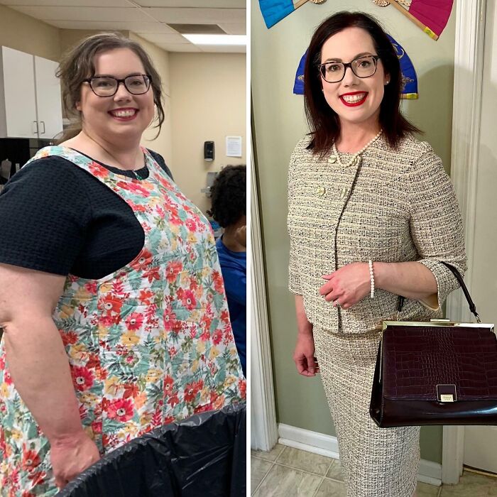 Before and after weight loss photos of a smiling woman showing inspiring transformation and noticeable body change.