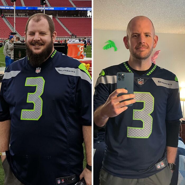 Before and after weight loss transformation showing significant change in body size wearing the same Seahawks jersey.