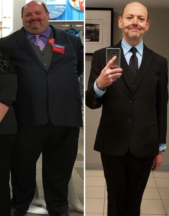 Before and after weight loss transformation of a man in a suit showing inspiring weight loss before and after pics.