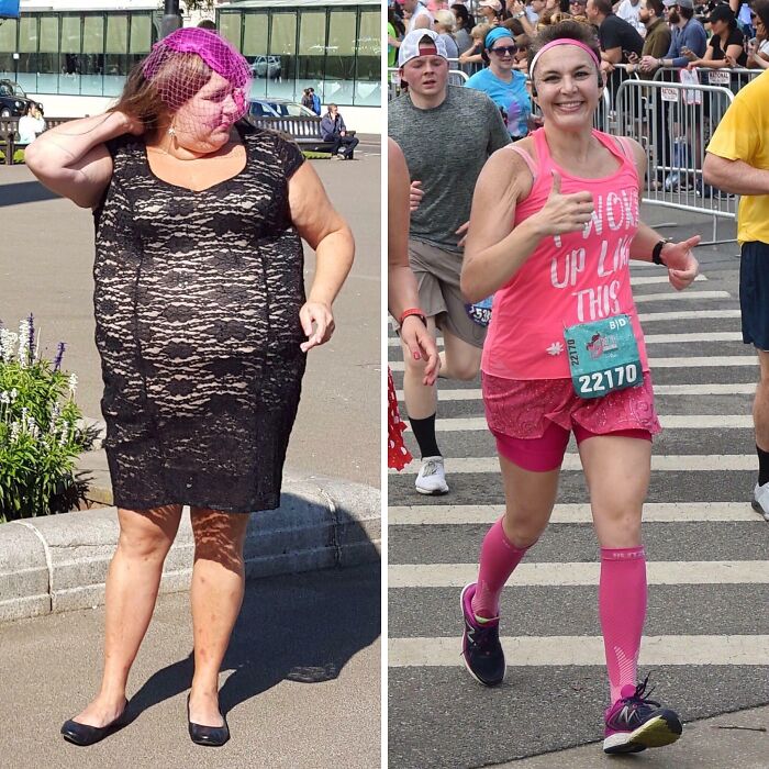 Woman showing inspiring weight loss before and after pics, wearing a black dress and running a marathon in pink athletic wear