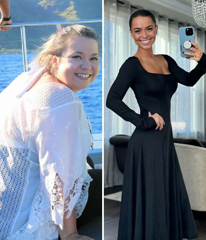 Before and after weight loss transformation of a smiling woman in a white top by water and a black dress indoors.