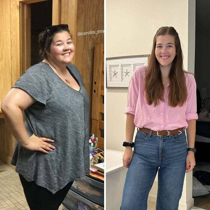Woman smiling in weight loss before and after pics showing inspiring transformation with casual outfits indoors.