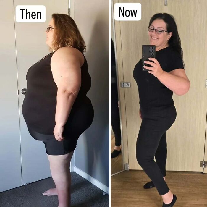 Side-by-side weight loss transformation of a woman before and after showing inspiring weight loss results and progress.