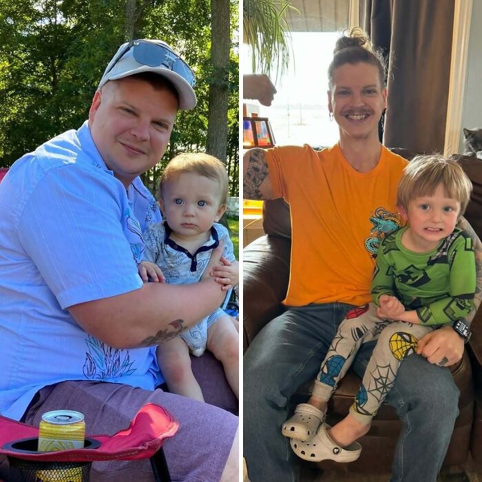 Man showing inspiring weight loss before and after transformation holding a child in outdoor and indoor settings.