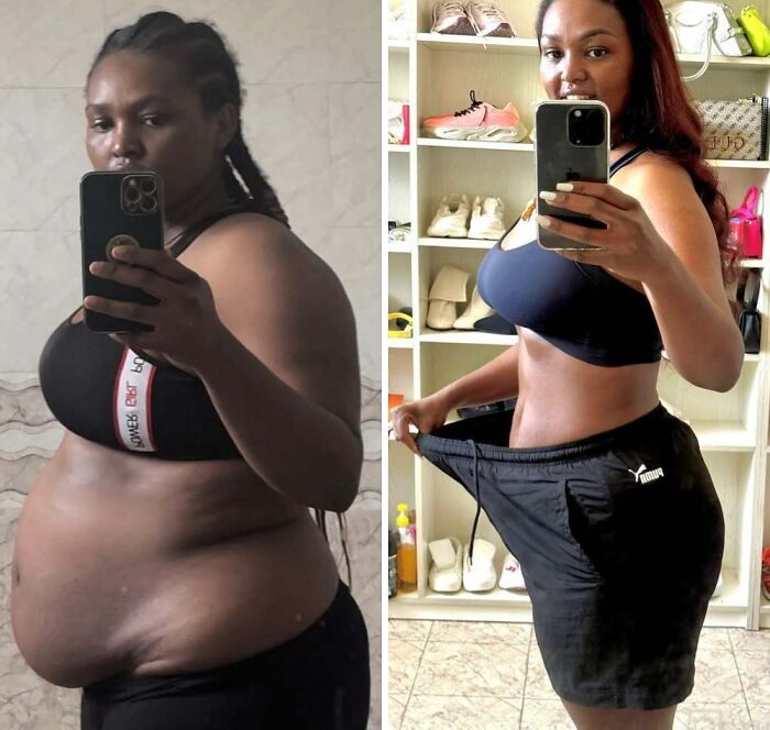 Before and after weight loss photos showing inspiring transformation and significant body changes in a woman’s journey.