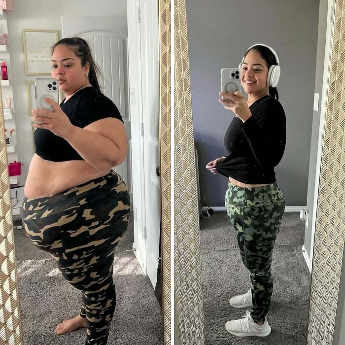 Weight loss before and after pics showing inspiring transformation of a woman in camouflage leggings and black top.