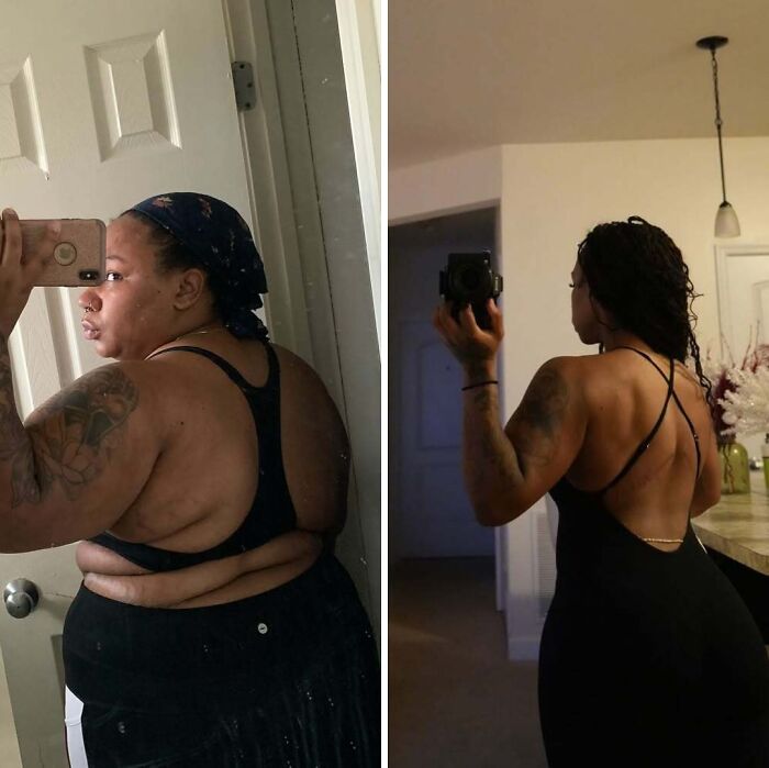 Weight loss before and after pics showing transformation of a woman wearing black outfits, highlighting inspiring progress.