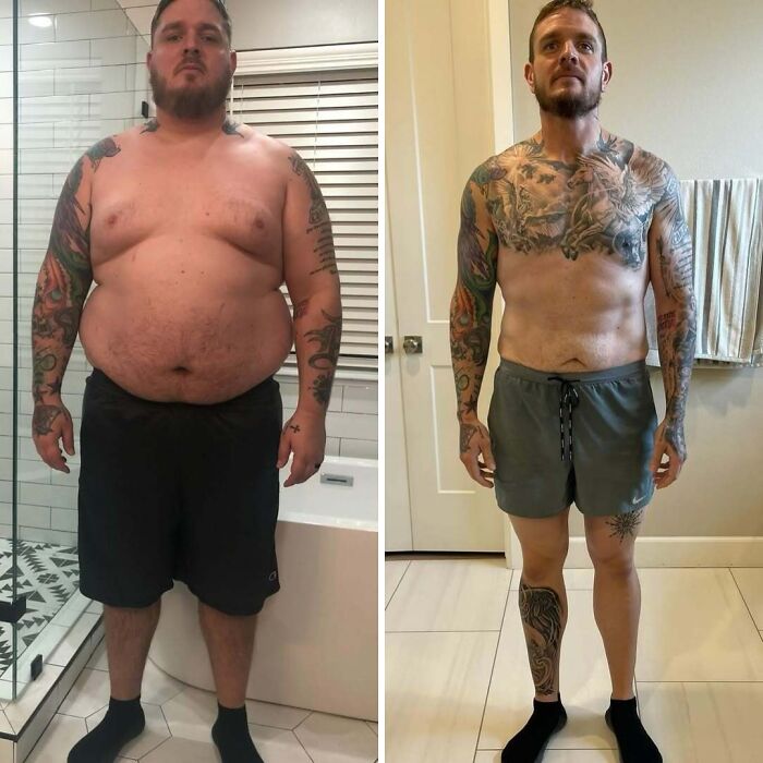 Man with tattoos showing weight loss before and after transformation, highlighting inspiring weight loss before and after pics.