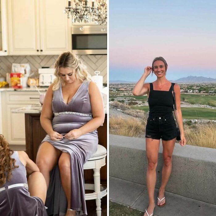 Woman showing inspiring weight loss before and after pics, dressed in formal wear and casual summer outfit outdoors.