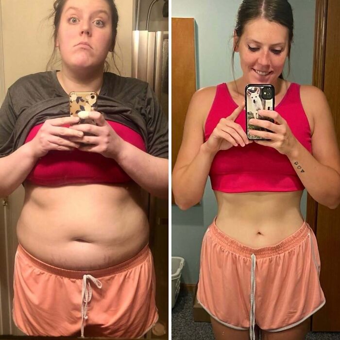 Woman showing inspiring weight loss before and after transformation wearing pink shorts and a red sports bra holding phone mirror selfie.