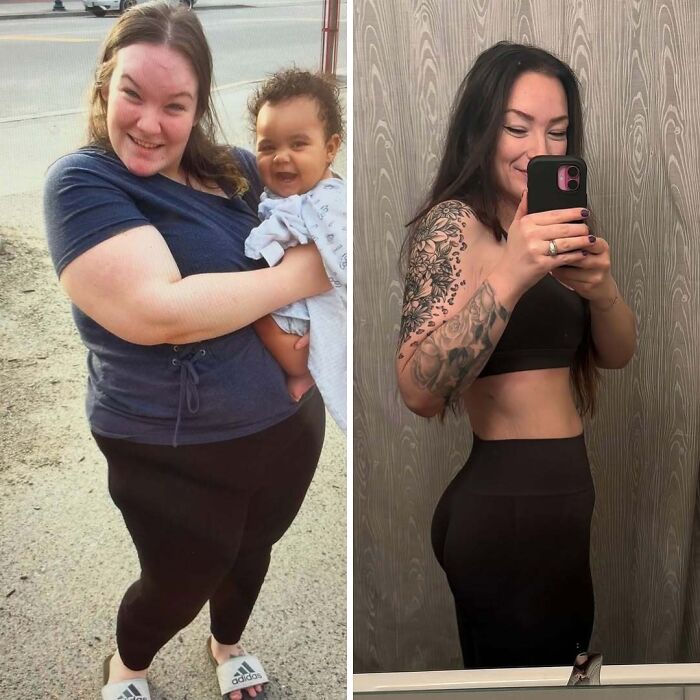 Before and after weight loss transformation showing inspiring progress with a smiling woman in casual and fitness attire.
