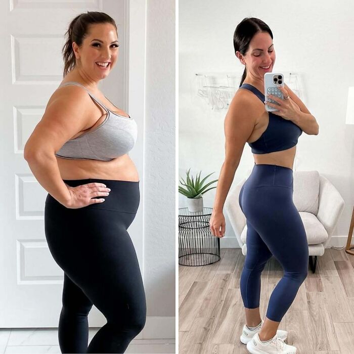 Before and after weight loss photos of a woman showing inspiring transformation in fitness and body shape progress.