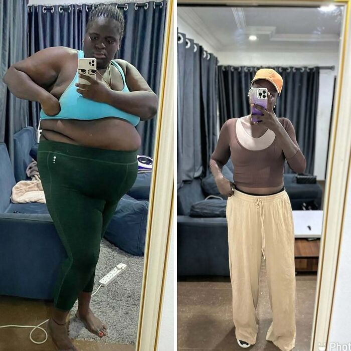 Before and after weight loss photos of a woman showing inspiring transformation and fitness progress in casual clothing.