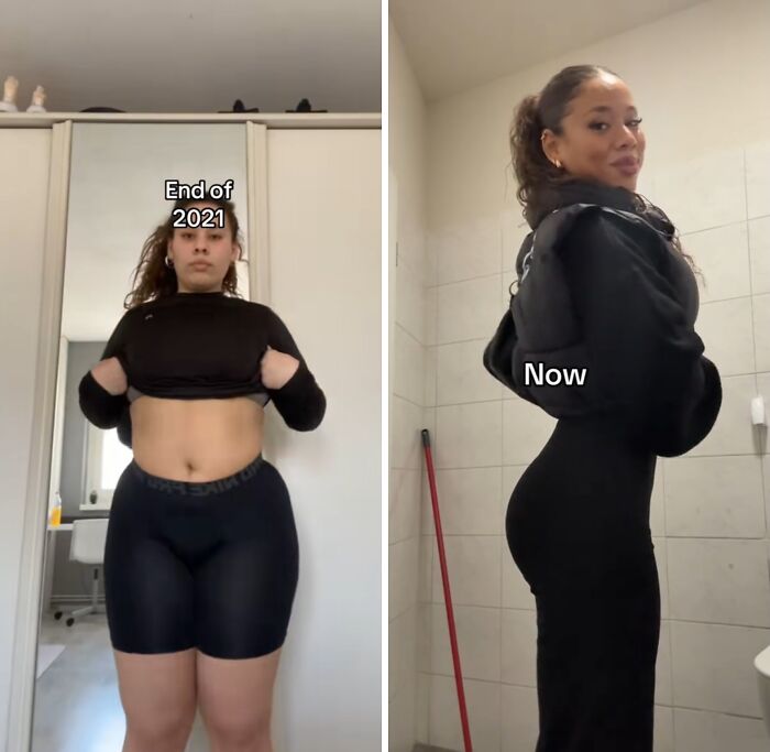 Weight loss before and after transformation showing inspiring body changes and slimmer figure over time.