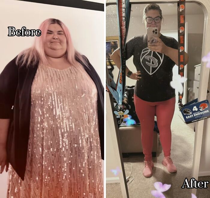 Weight loss before and after pics showing inspiring transformation of a woman in casual and formal outfits.