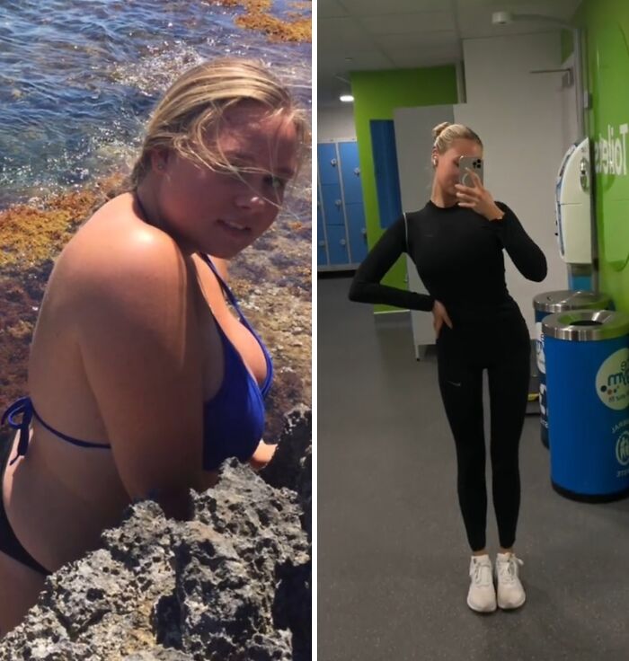 Side-by-side weight loss before and after pics showing a woman's transformation with inspiring results at the gym and outdoors.
