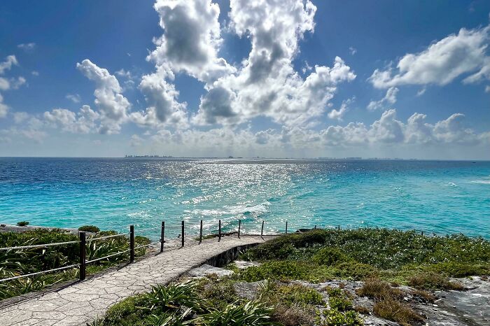 Ocean view with a stone path leading to turquoise water under a partly cloudy sky, showcasing incredible ocean creatures habitat.