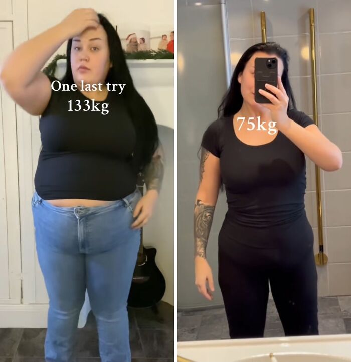 Weight loss before and after pics showing transformation from 133kg to 75kg with woman in black tops and jeans and leggings.