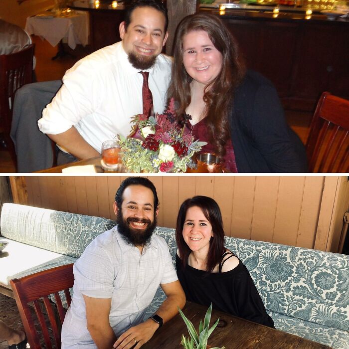Couple showing inspiring weight loss before and after transformation, smiling and sitting together at restaurant tables.