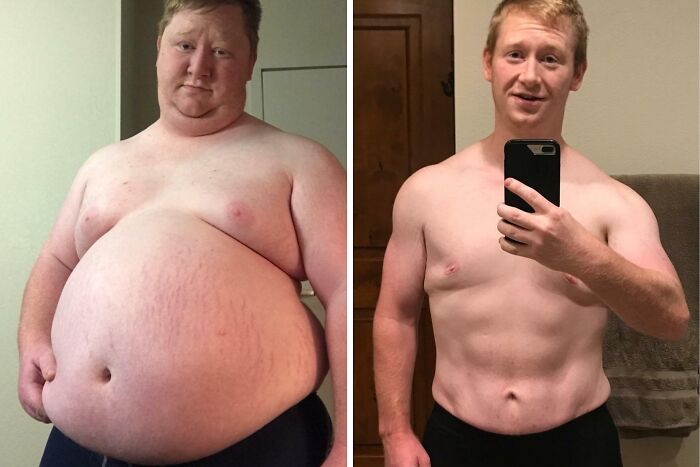 Side by side weight loss before and after pics showing inspiring transformation of a man’s body and fitness progress.