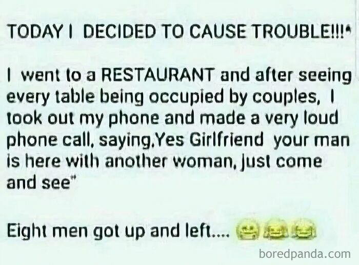 Text post about hilariously obvious lies, describing a prank phone call causing eight men to leave a restaurant.