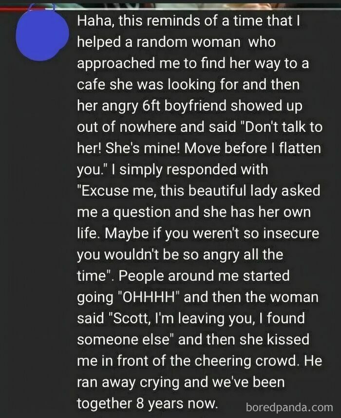 Text post showing a hilariously obvious lie about helping a woman and winning her boyfriend over, a funny lie example.