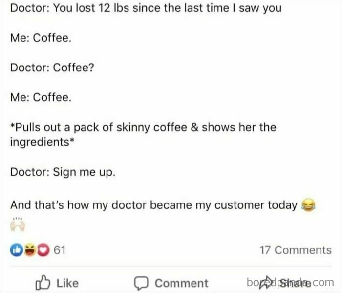 Conversation where a person lies about weight loss by blaming coffee, a hilariously obvious lie shared online.